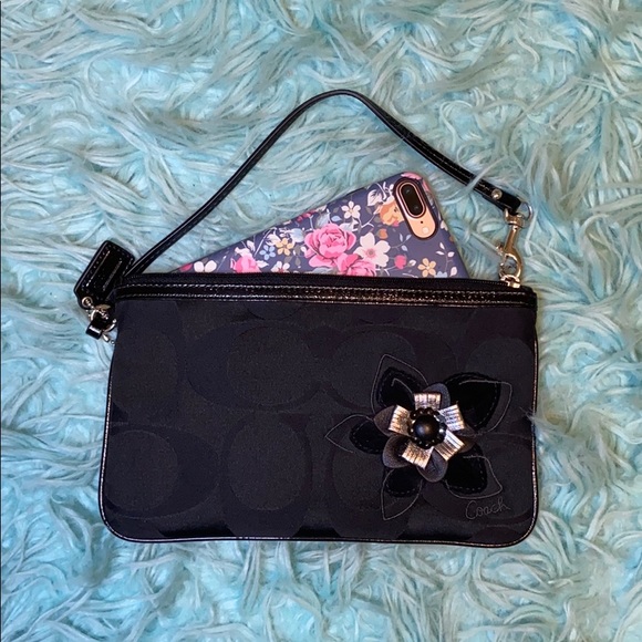 Coach Handbags - Black Coach Wristlet with Flower